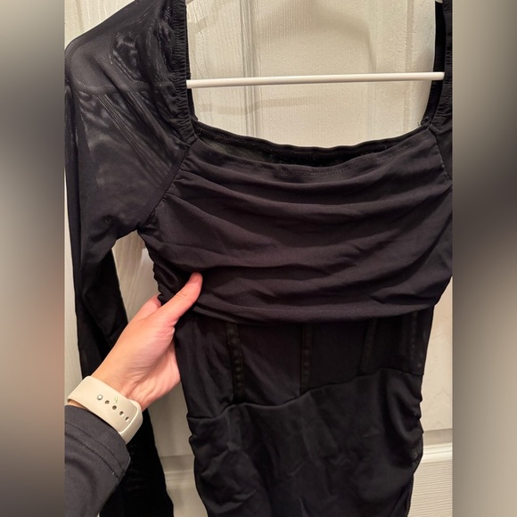 SHEIN PETITE Square Neck Ruched Mesh Panel Ruched Bodycon Mini Dress Petite XS - Picture 3 of 16